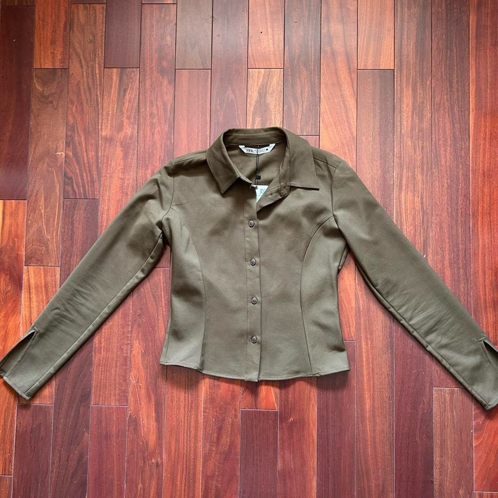 ZARA Olive Button-Up Fitted Shirt